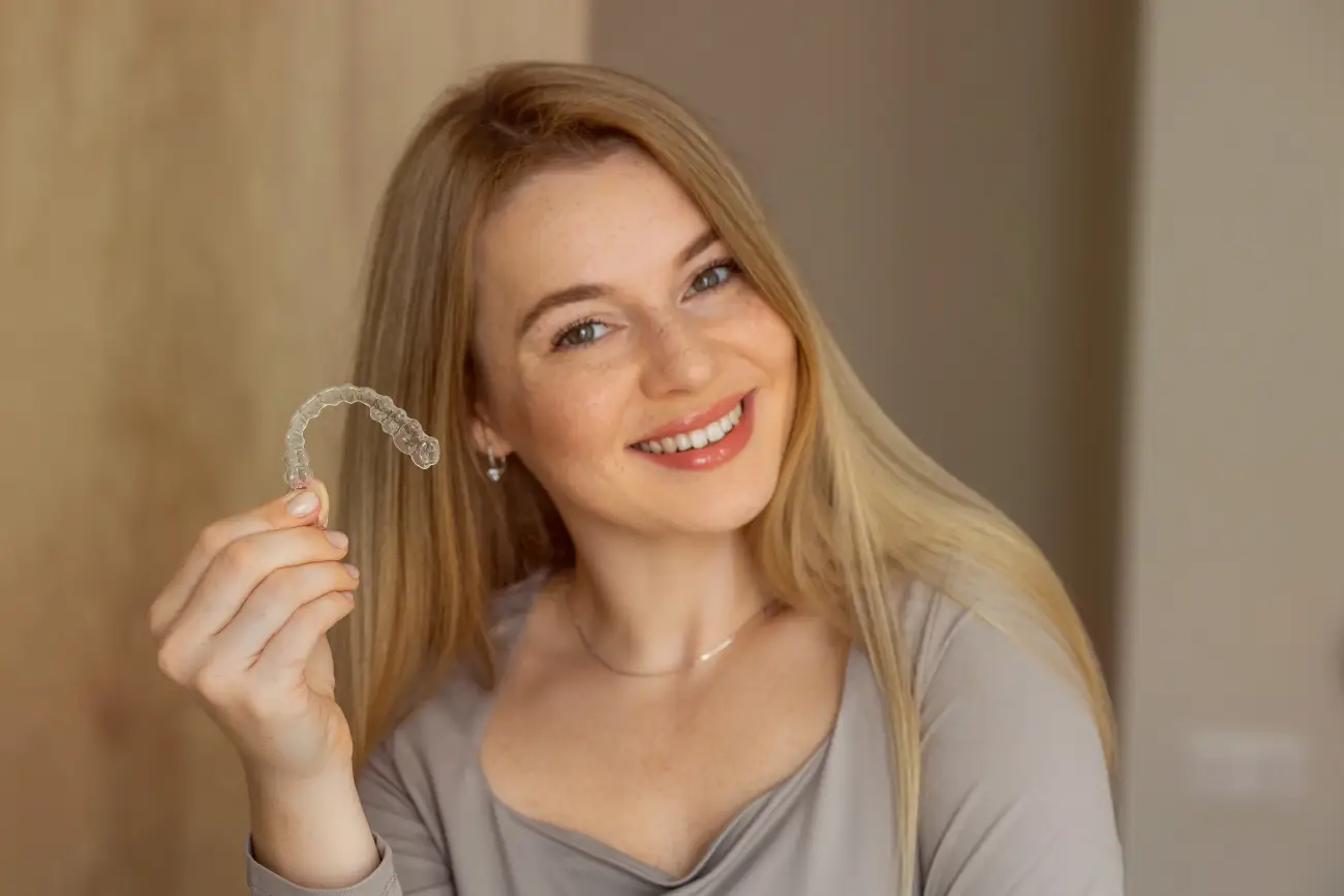pacijentica prikazuje kako izgleda sportska udlaga za zube - Dentus perfectus stomatološka ordinacija Pacijentica drži sportsku udlagu za zaštitu zubi - Dentus perfectus stomatološka ordinacija